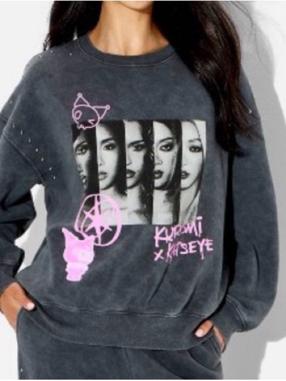 Kuromi x Katseye collab Gray Fleece Studded Sweatshirt Women L target exclusive